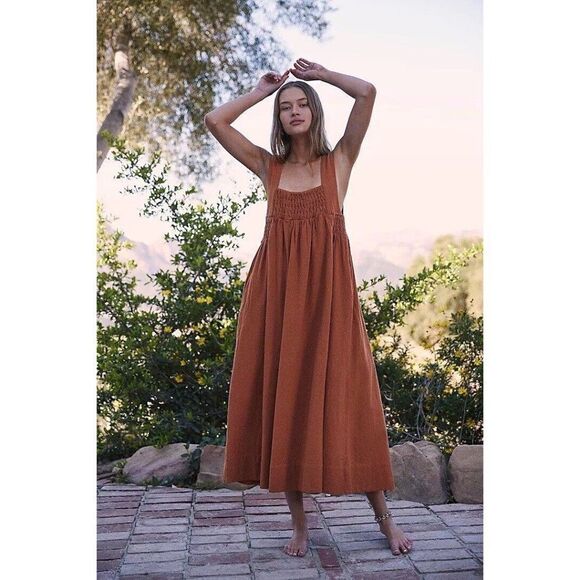 NWT FREE PEOPLE Sz S DELPHINE MIDI DRESS IN SIENNA - Picture 1 of 4